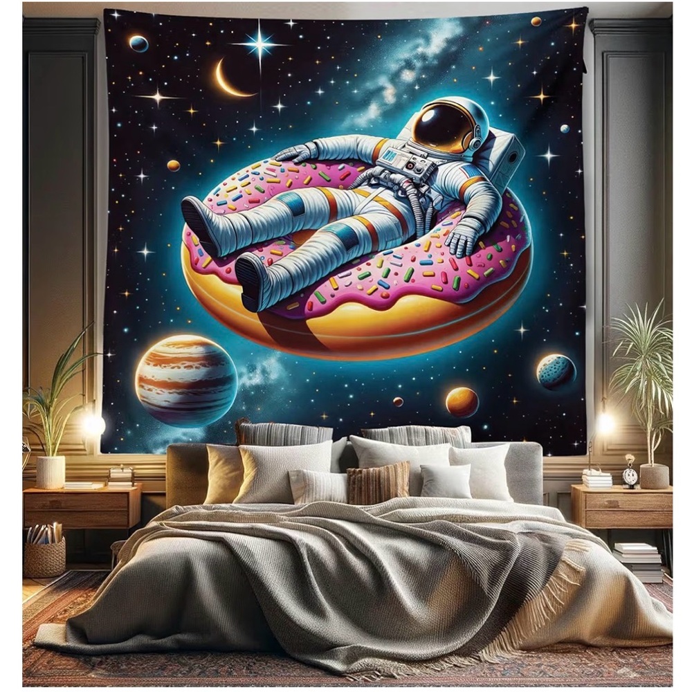 Funny Astronaut Tapestry,31 x 46,Spaceman Floating on a Donut Through the Galax